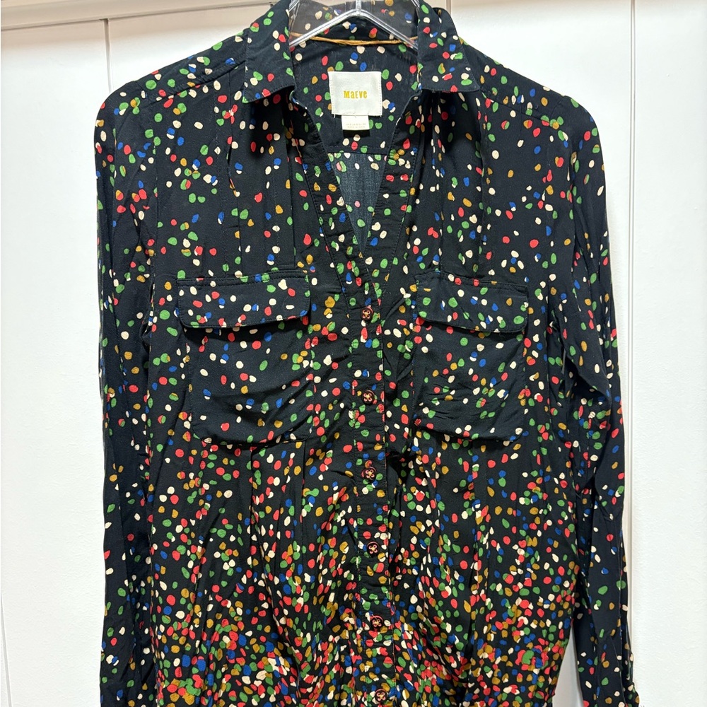 Anthropologie Maeve Multicolor Polka Dot Blouse 2 Pleated Shirt